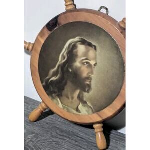 Vintage Wood Ship Wheel Jesus Wall Deco